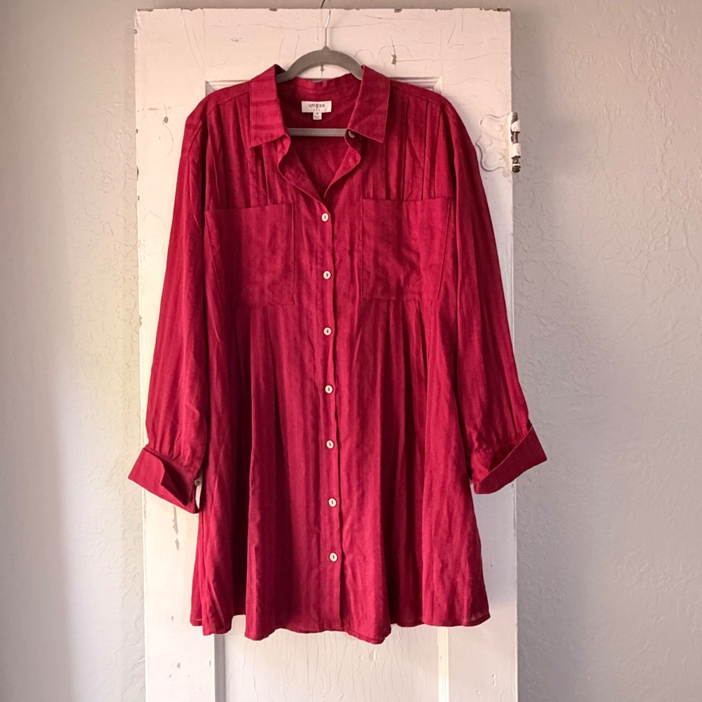 Umgee USA Magenta Cotton Dobby Stripe Button Down Tunic Shirt Dress Medium